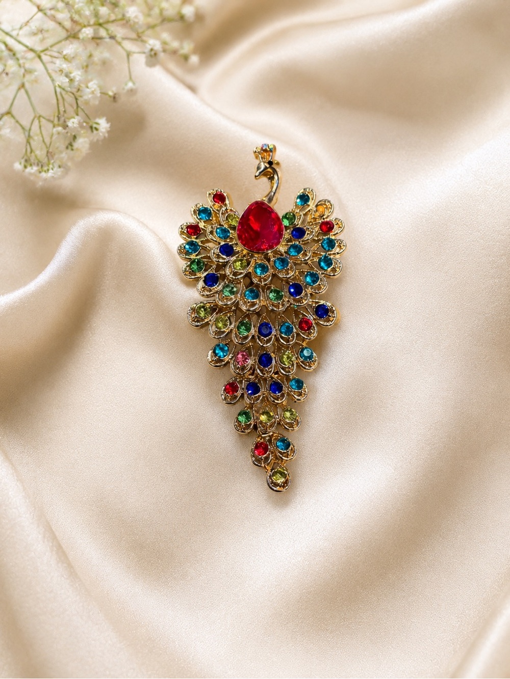 Gold Peacock Brooch with Multicolor Gemstones
